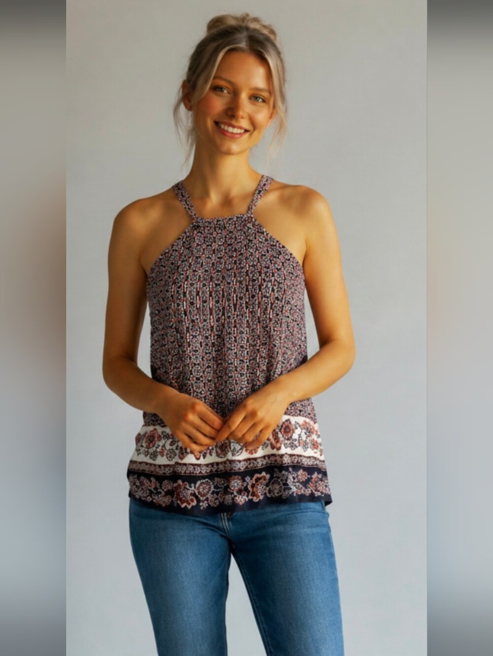 Mi Ami Women's | XL | Boho Floral High Neck Racerback Tank Top Sleeveless